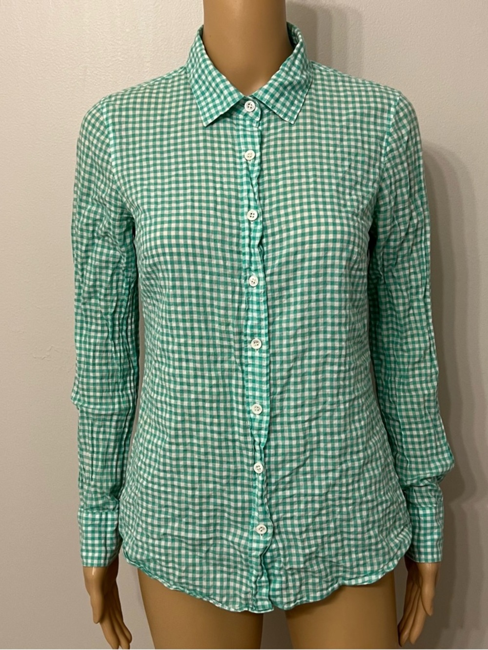 J.Crew Women’s Green White Gingham Cotton Perfect Button Up Shirt Sz 2